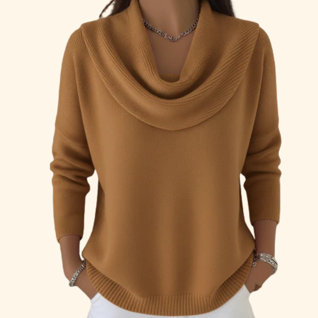 Woman wearing the Brielle women's chic sweater, back view