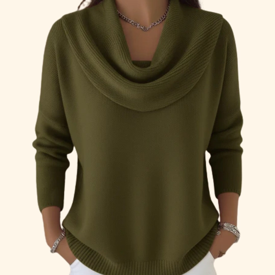 Woman wearing the Brielle women's chic sweater, side view