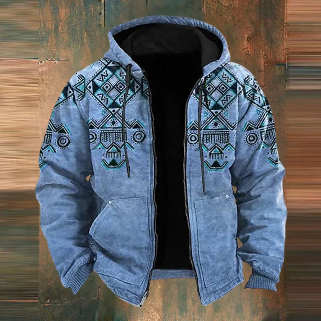 Man wearing the Bryce men's hooded zip-up jacket, back view