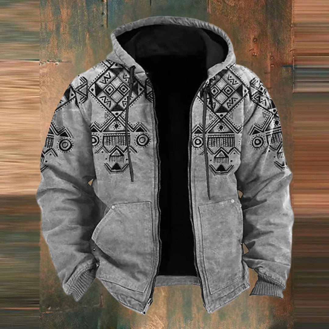 Man wearing the Bryce men's hooded zip-up jacket, detail view