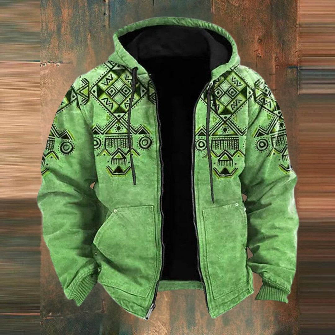 Man wearing the Bryce men's hooded zip-up jacket, side view