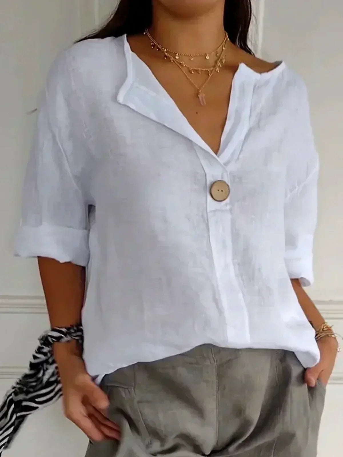 Sofia | Women's V-Neck Three Quarter Sleeve Button Shirt