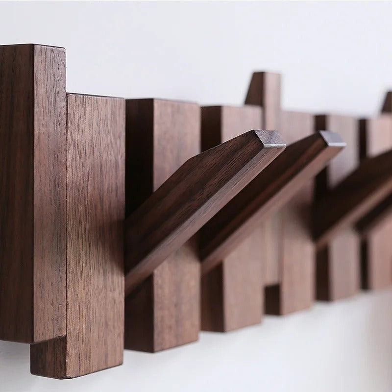 Wooden wall coat rack with fold-away piano key hooks - product photo 6
