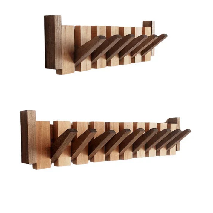 Wooden wall coat rack with fold-away piano key hooks - product photo 9