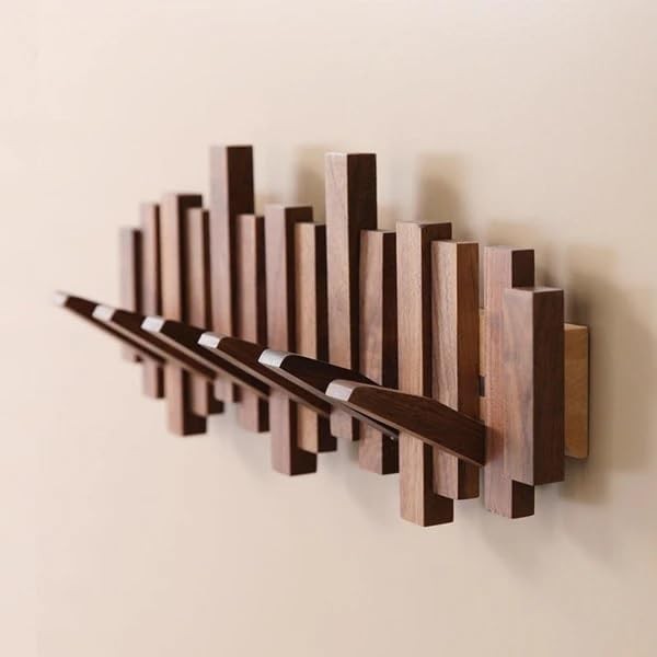 Solid wood wall coat rack with fold-away piano key hooks - product photo 4