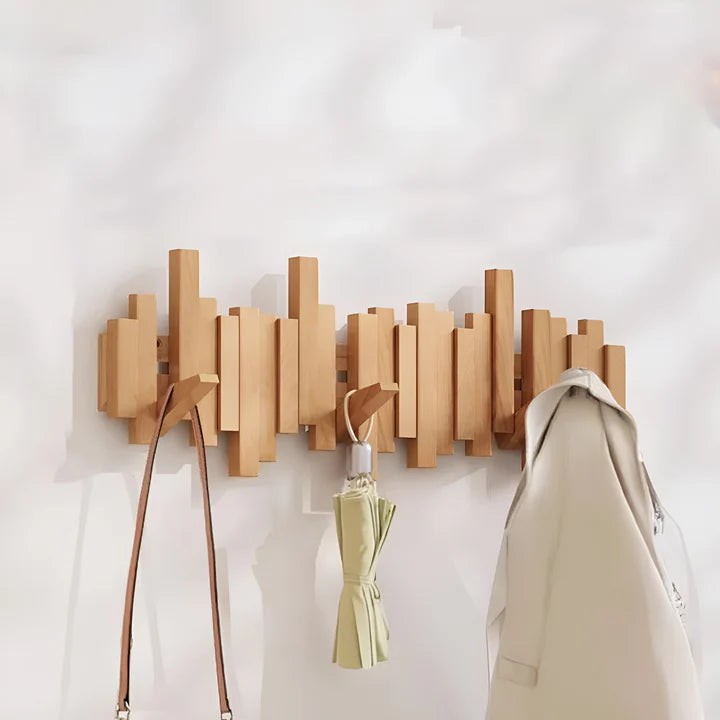 Solid wood wall coat rack with fold-away piano key hooks - product photo 5