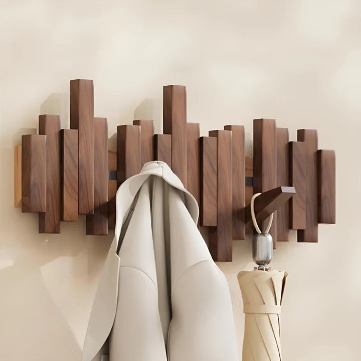 Solid wood wall coat rack with fold-away piano key hooks - product photo 8