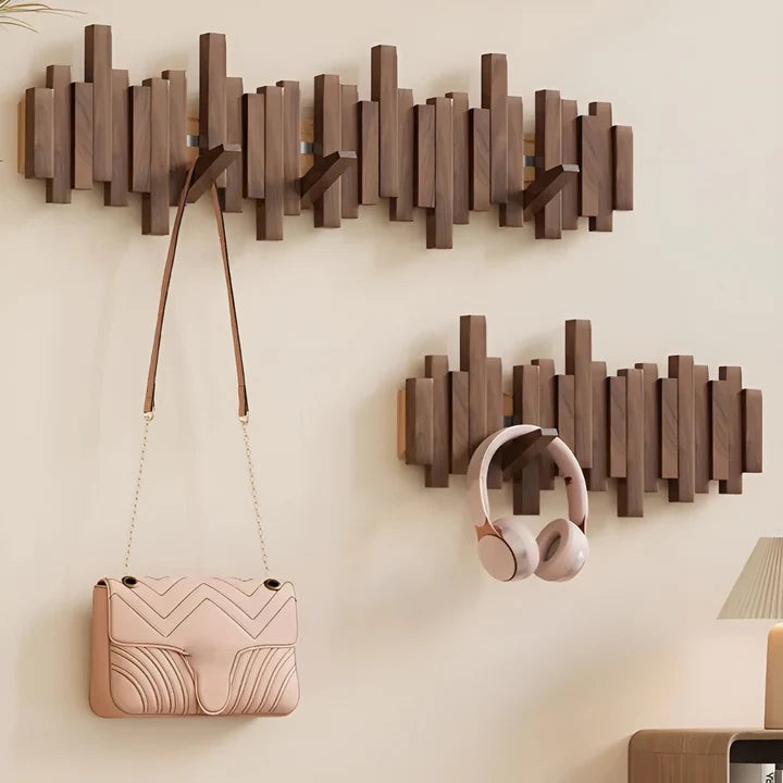 Solid wood wall coat rack with fold-away piano key hooks - product photo 9