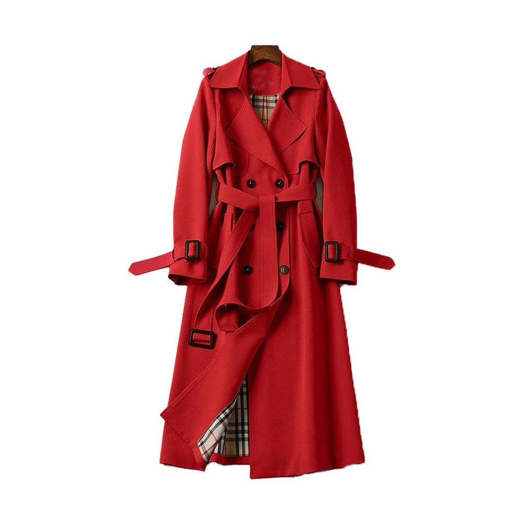Woman wearing the Cadence women's long-sleeve trench coat, 19 view