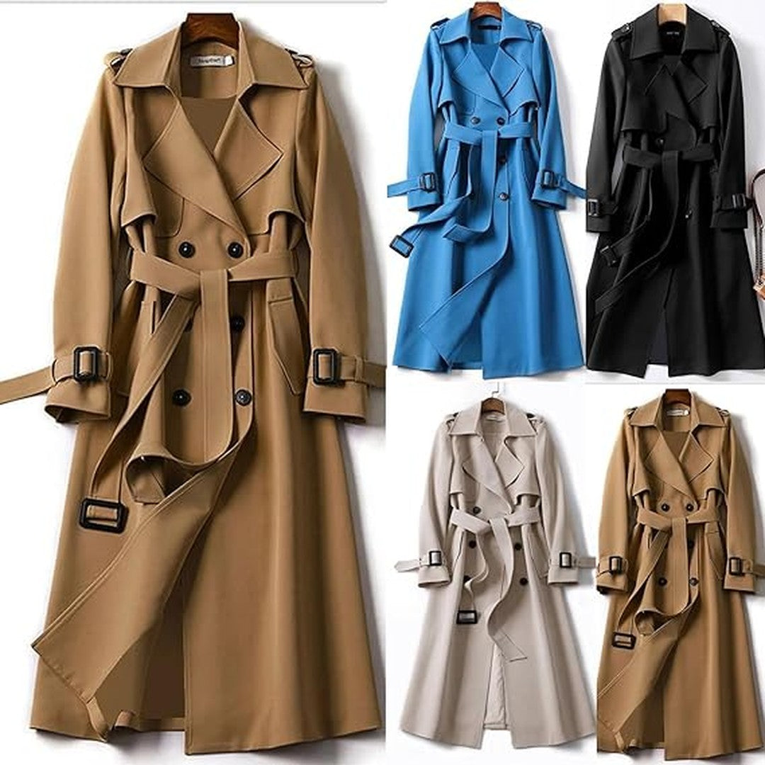 Woman wearing the Cadence women's long-sleeve trench coat, 22 view