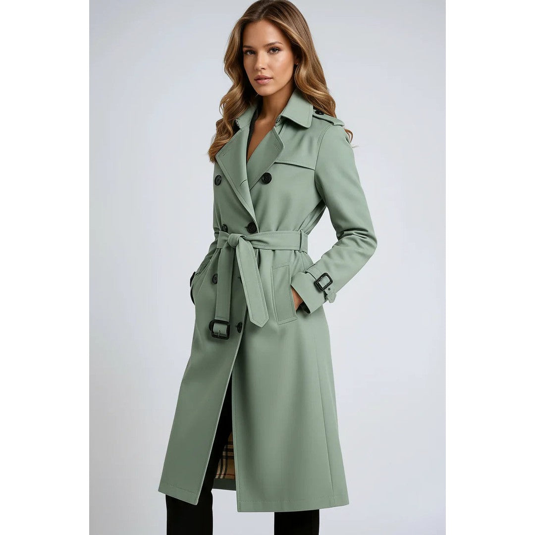 Woman wearing the Cadence women's long-sleeve trench coat, 7 view