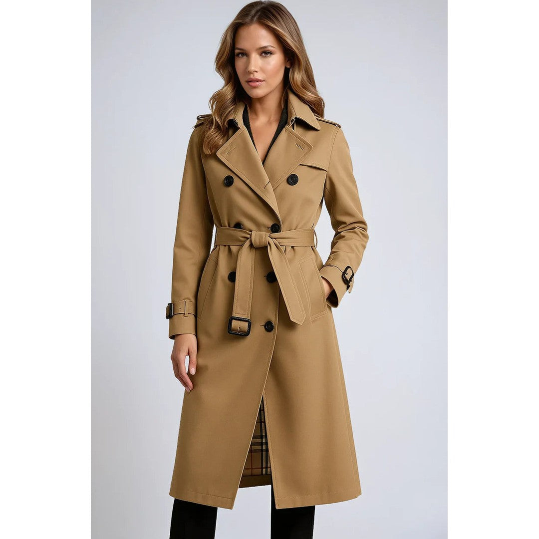 Woman wearing the Cadence women's long-sleeve trench coat, back view