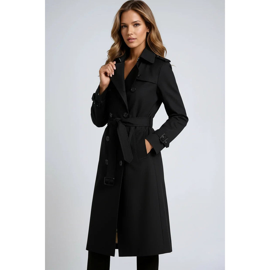Woman wearing the Cadence women's long-sleeve trench coat, flatlay view