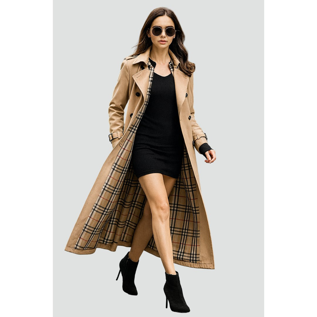 Woman wearing the Cadence women's long-sleeve trench coat, front view