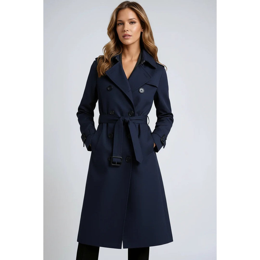 Woman wearing the Cadence women's long-sleeve trench coat, side view