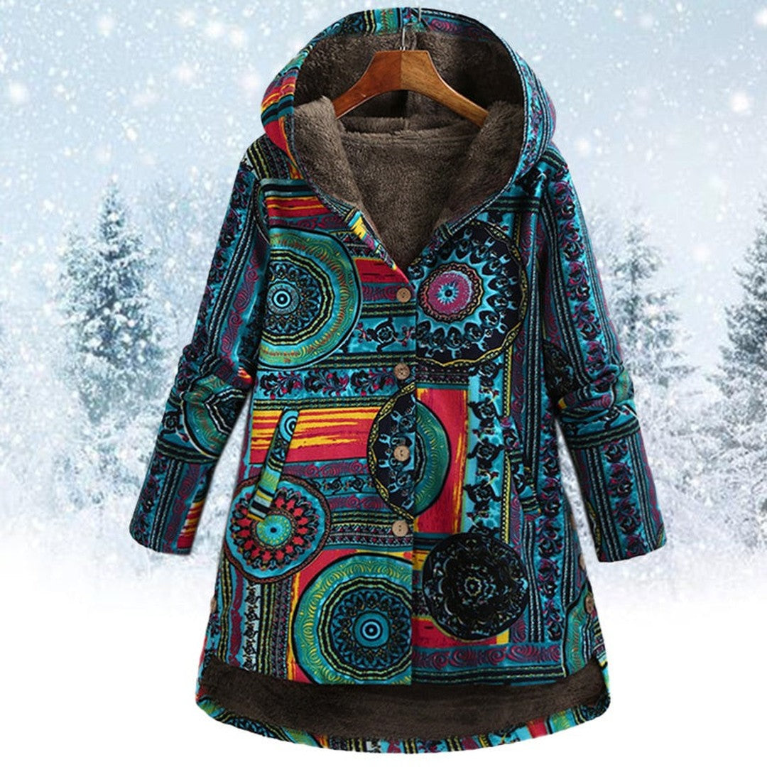 Woman wearing the Calla women's hooded jacket, side view