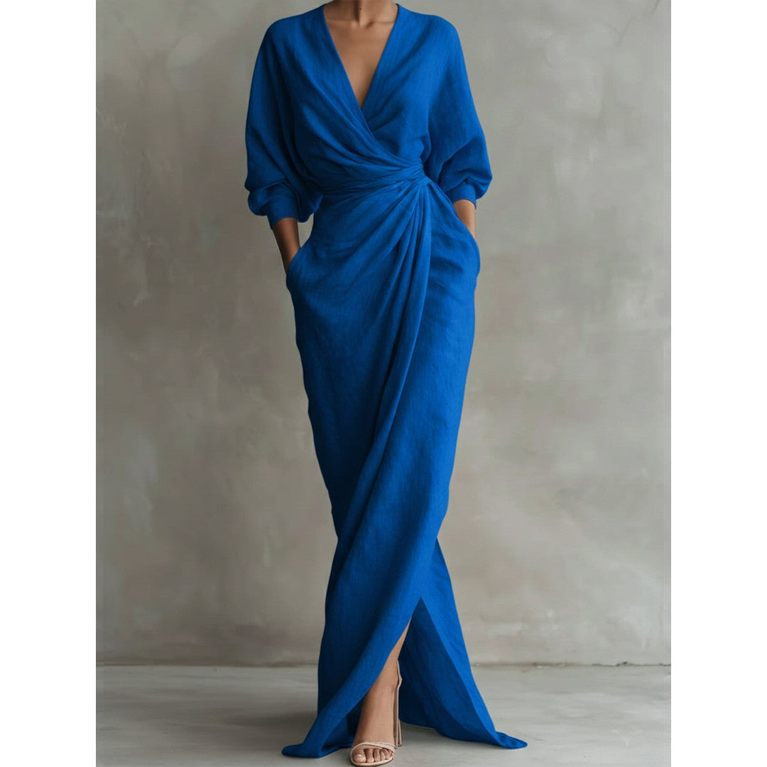 Woman wearing the Camila women's chic dress, back view