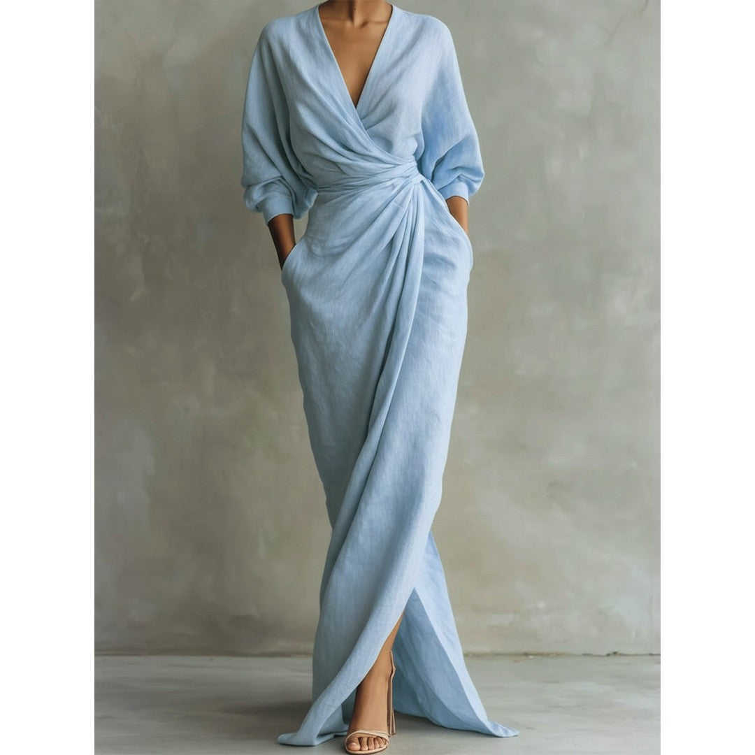 Woman wearing the Camila women's chic dress, flatlay view