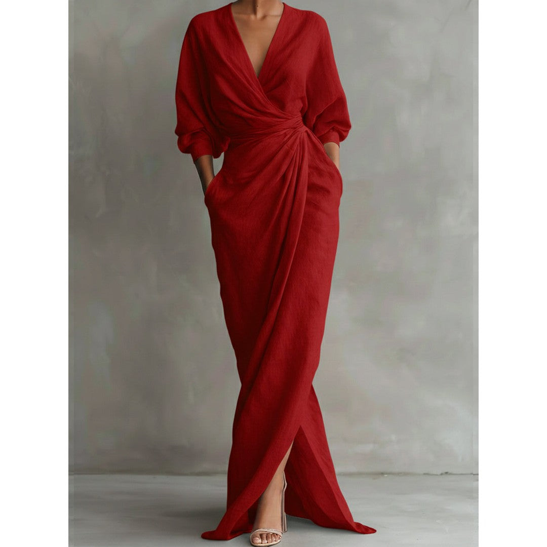 Woman wearing the Camila women's chic dress, side view