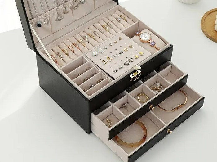 Three-tier jewelry box organizer with a leather-look exterior - product photo 15