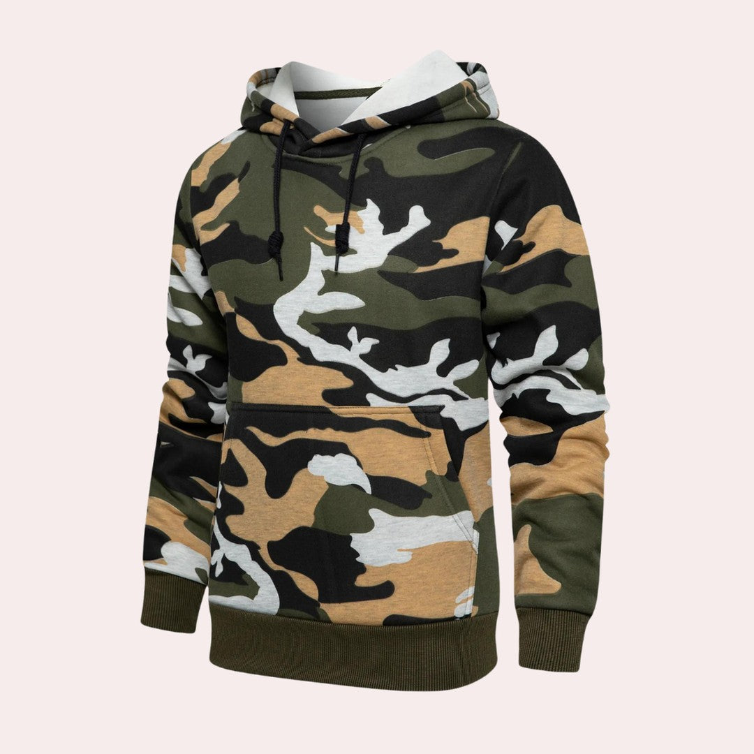 Man wearing the Carter men's hoodie, model view