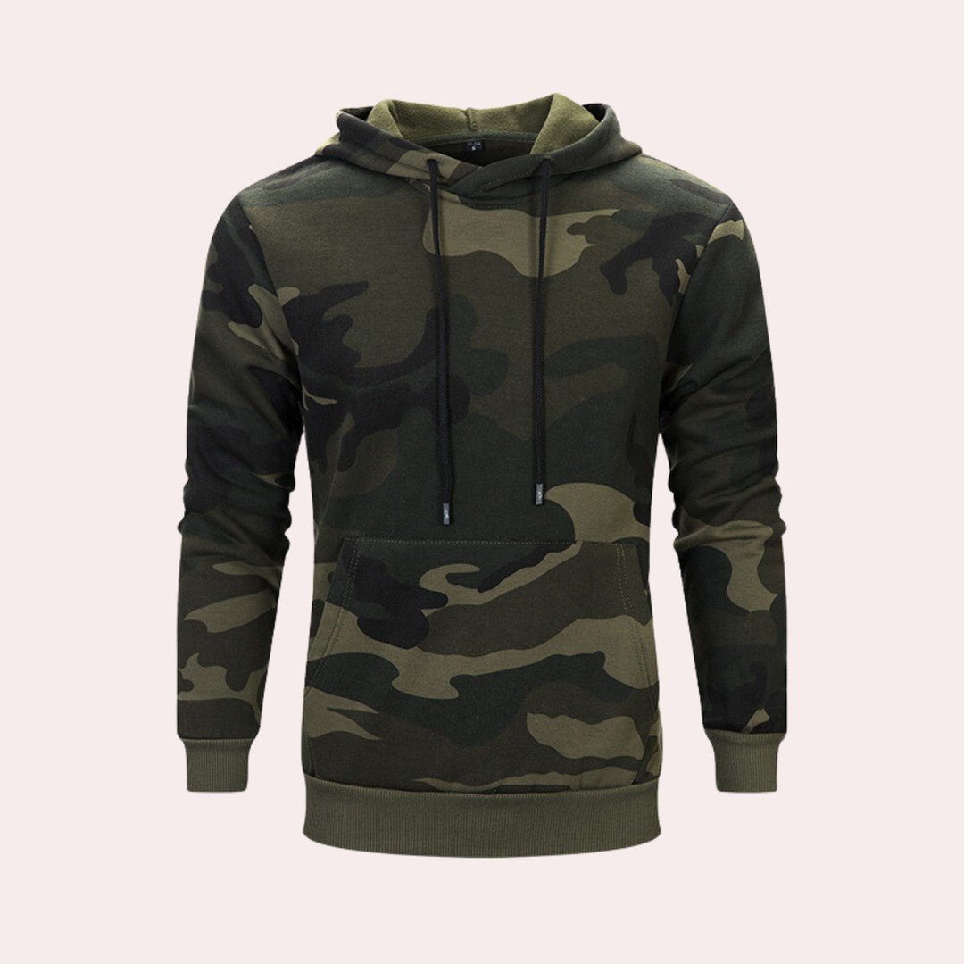 Man wearing the Carter men's hoodie, side view