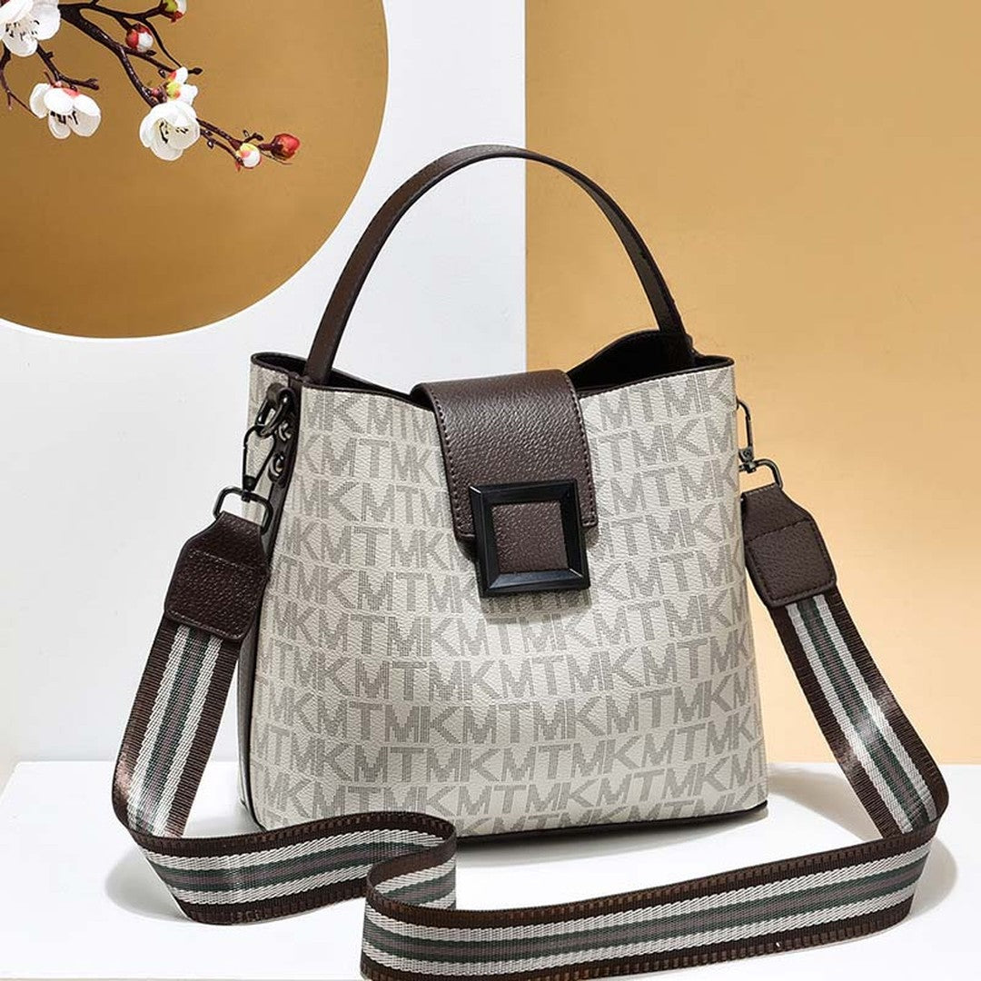 Woman wearing the Cassia women's casual pocket detail bag, front view