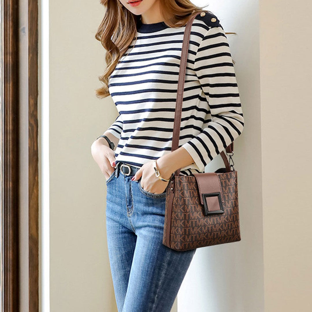 Woman wearing the Cassia women's casual pocket detail bag, side view