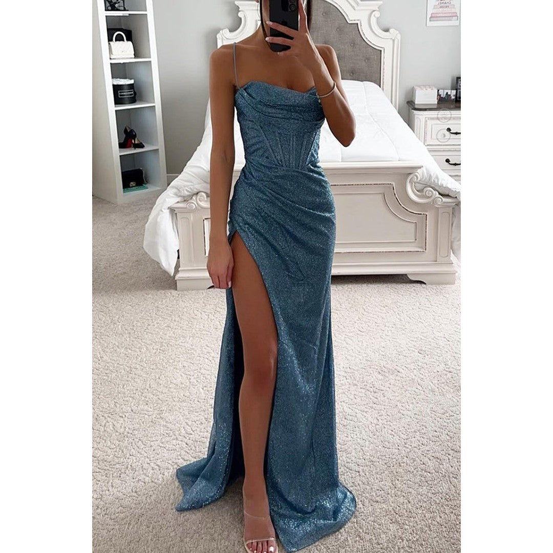 Woman wearing the Catalina women's maxi dress, detail view