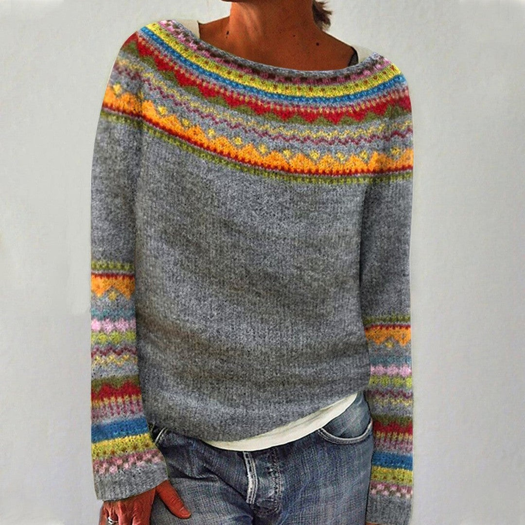 Woman wearing the Cecilia women's knit long-sleeve sweater, front view