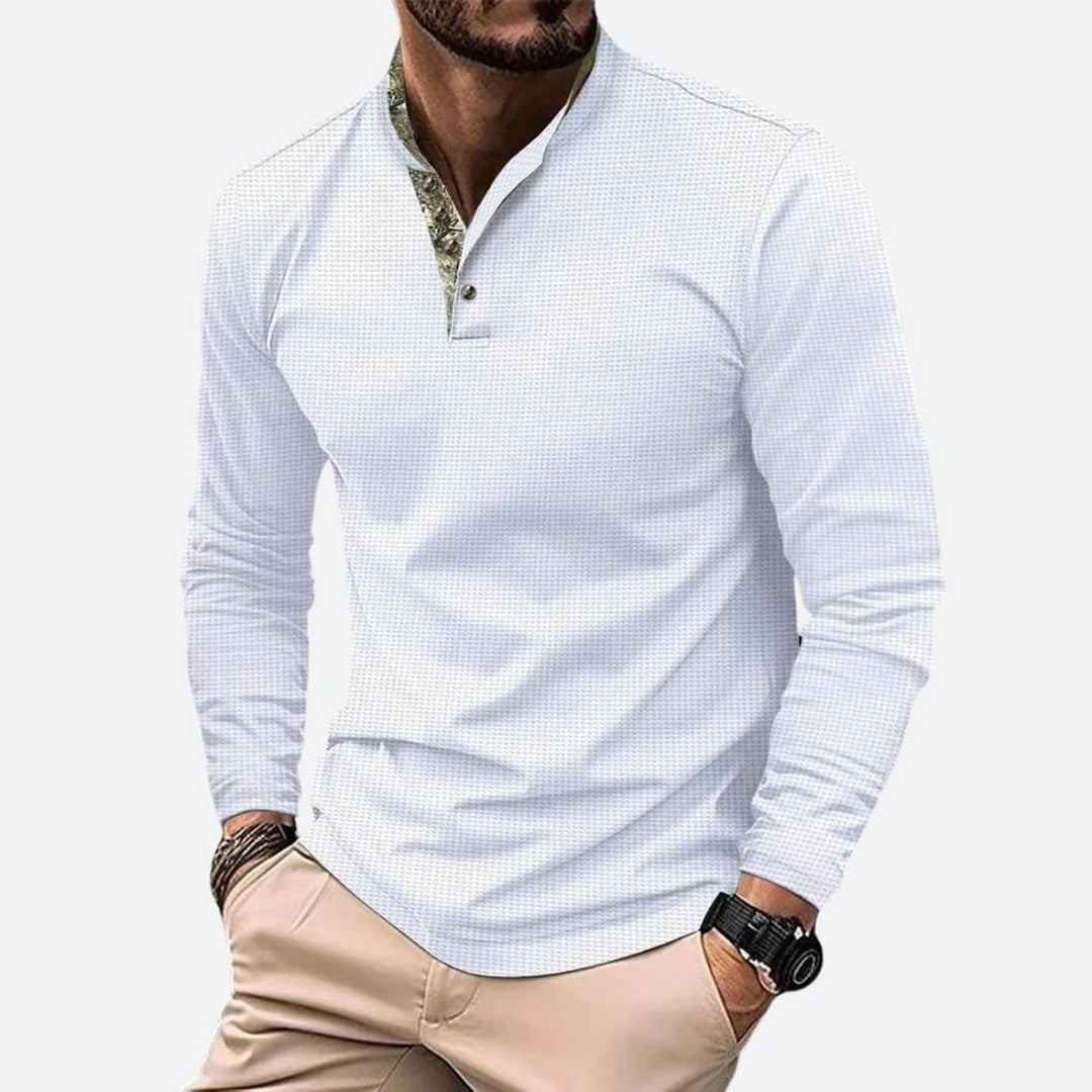 Man wearing the Cedric men's long-sleeve shirt, flatlay view