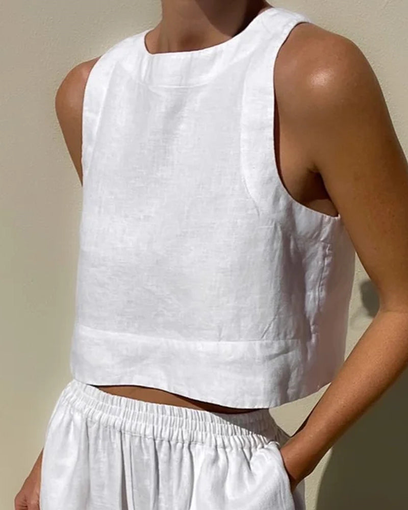 Nora | Women's Linen Crop Top And Wide Leg Pants Set