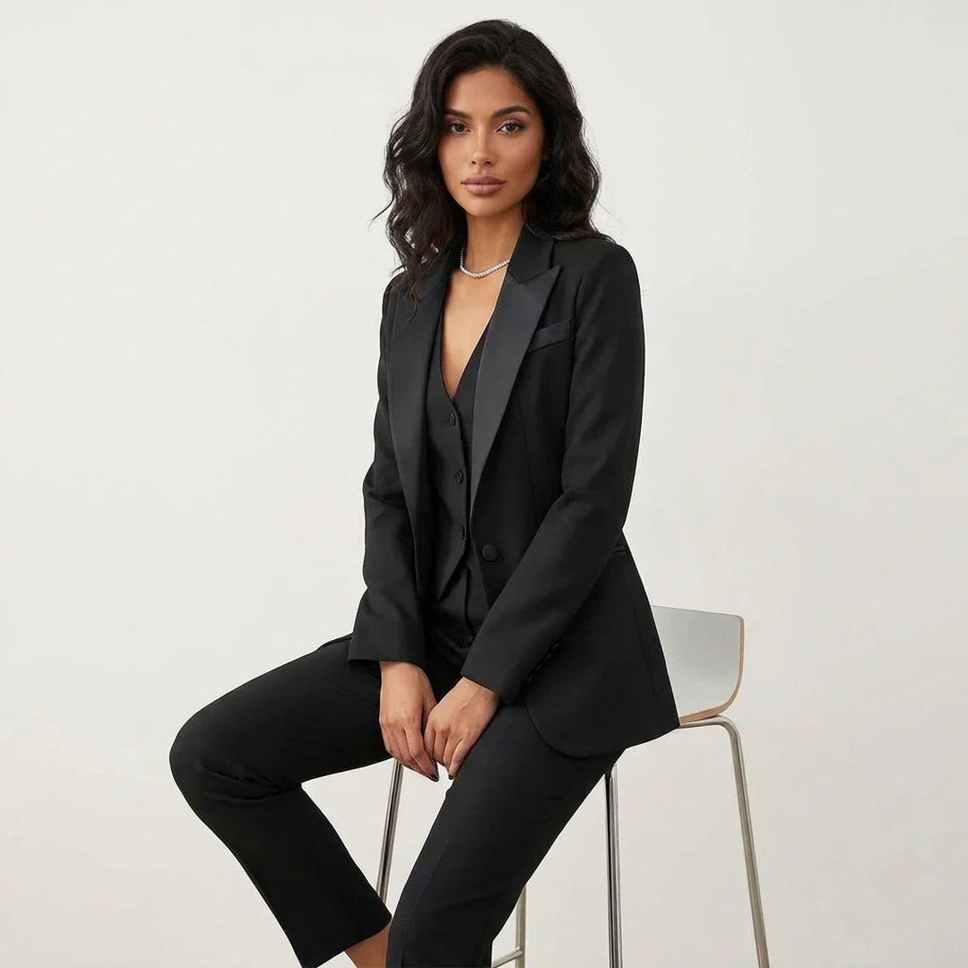 Woman wearing the Clarissa women's tailored set, back view