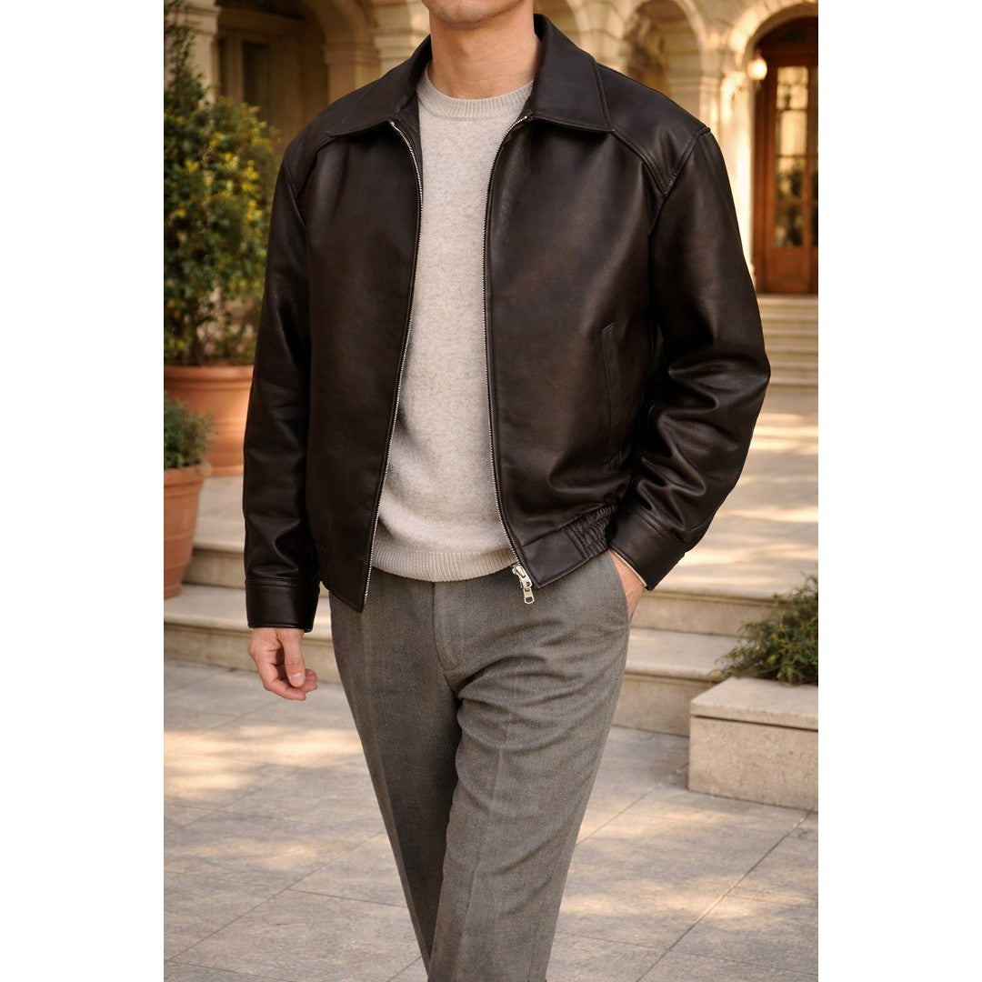 Man wearing the Clay men's leather zip-up jacket, back view