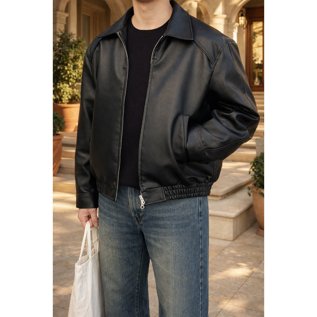 Man wearing the Clay men's leather zip-up jacket, front view