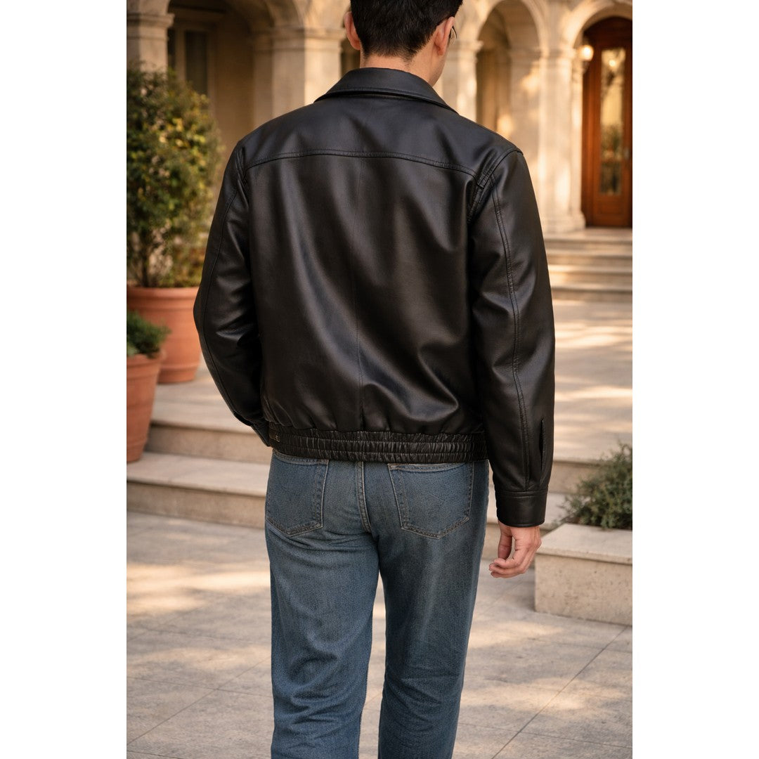 Man wearing the Clay men's leather zip-up jacket, side view