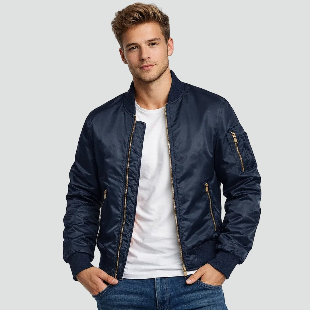Man wearing the Clyde men's zip-up bomber jacket, front view