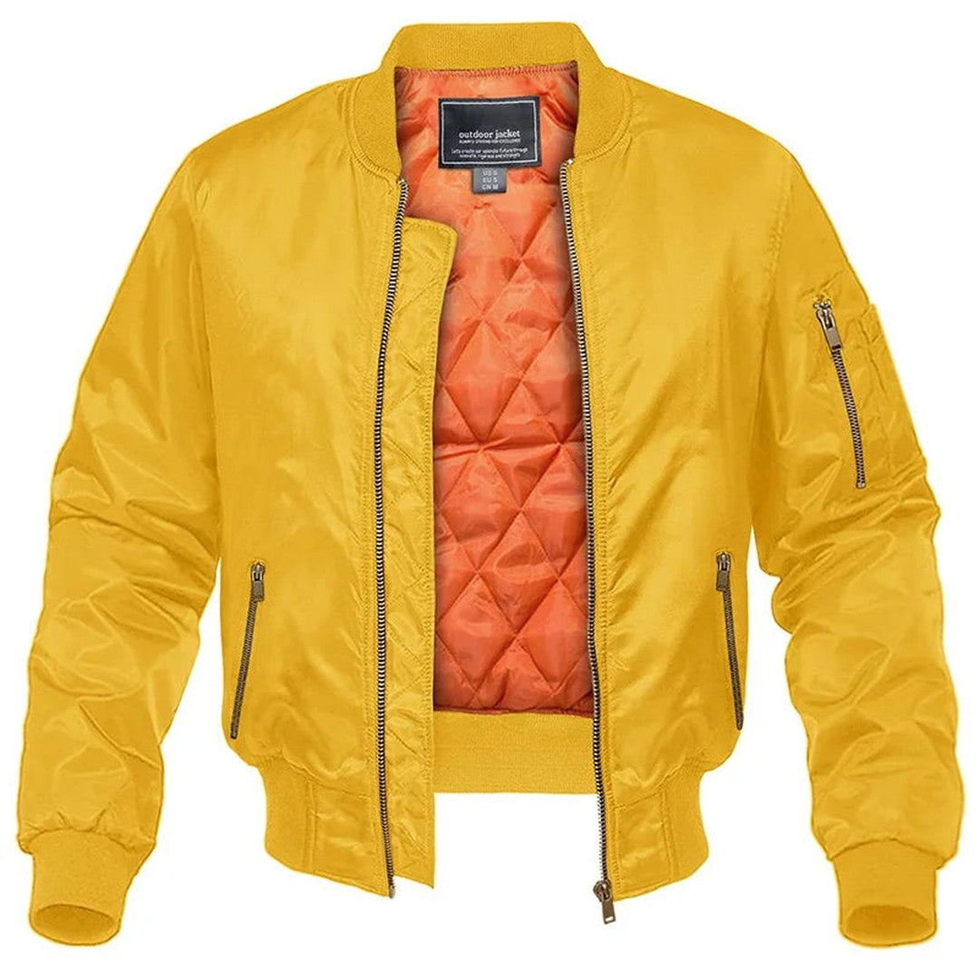 Man wearing the Clyde men's zip-up bomber jacket, side view