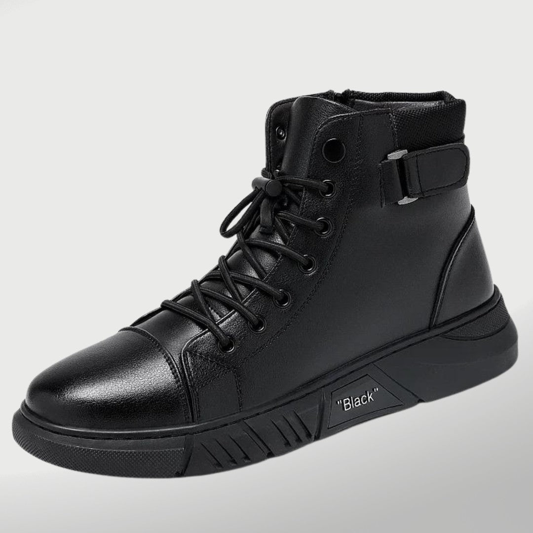 Man wearing the Cormac men's high-waist leather shoes, front view