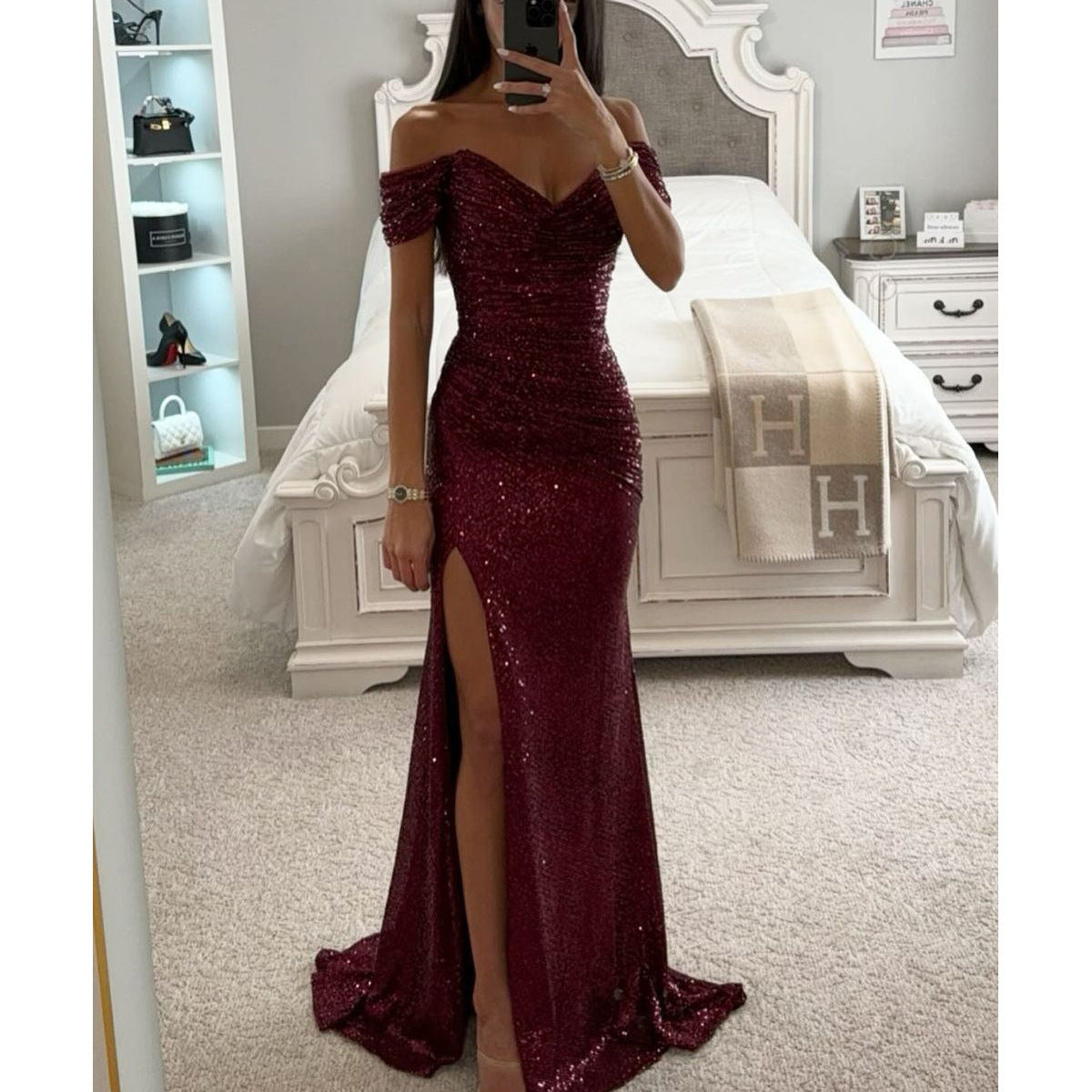 Isla | Women's Off-Shoulder Sequin High Slit Maxi Dress