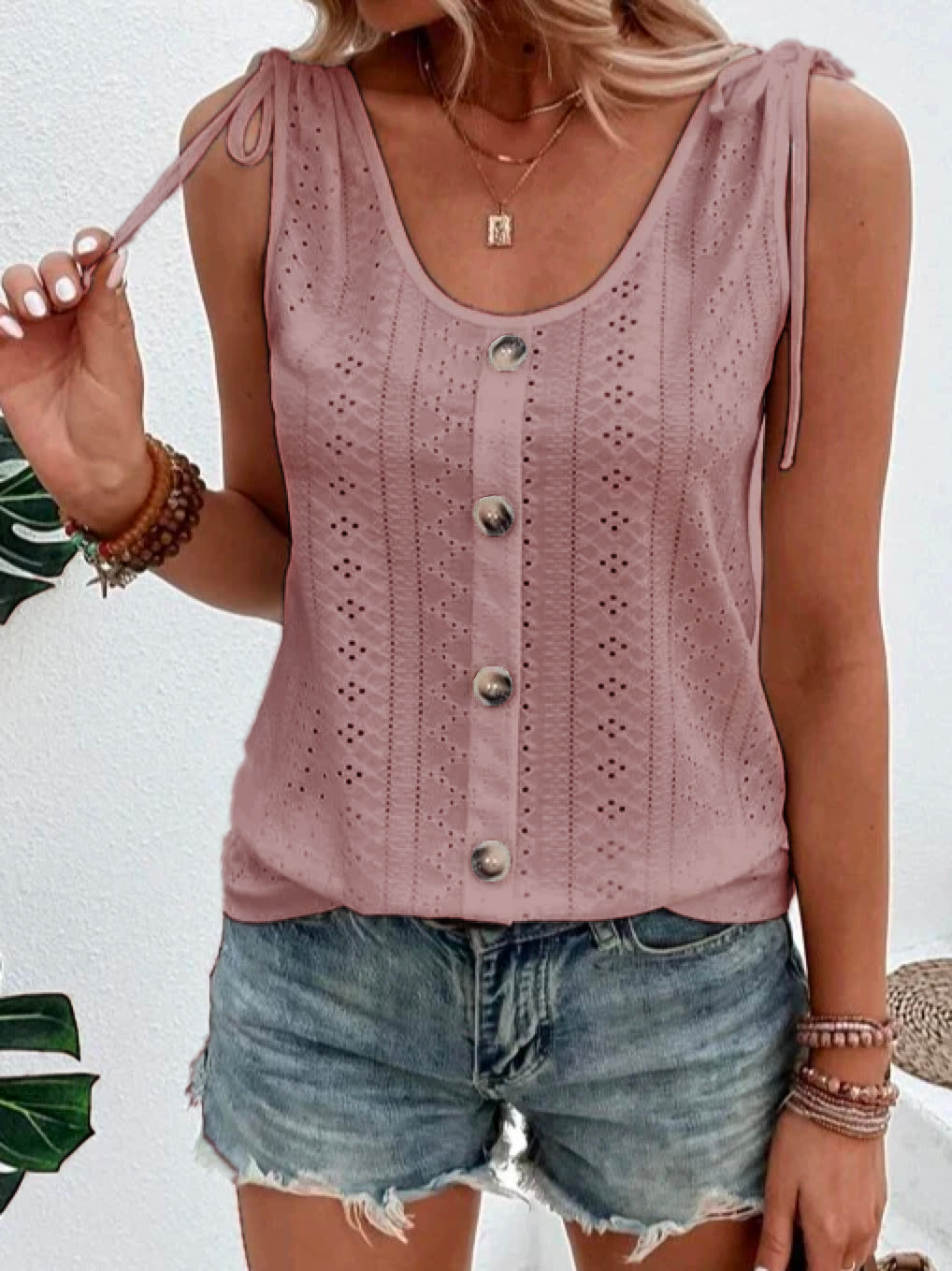 Nina | Women's Sleeveless Button-Front Textured Tank Top