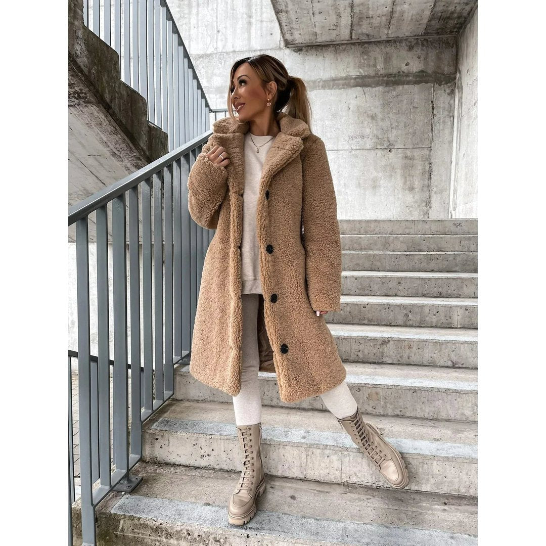 Woman wearing the Daphne women's coat, front view