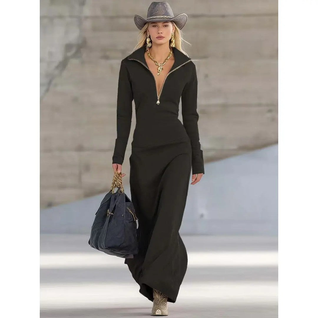 Man wearing the Dashiell men's maxi turtleneck zip-up dress, front view