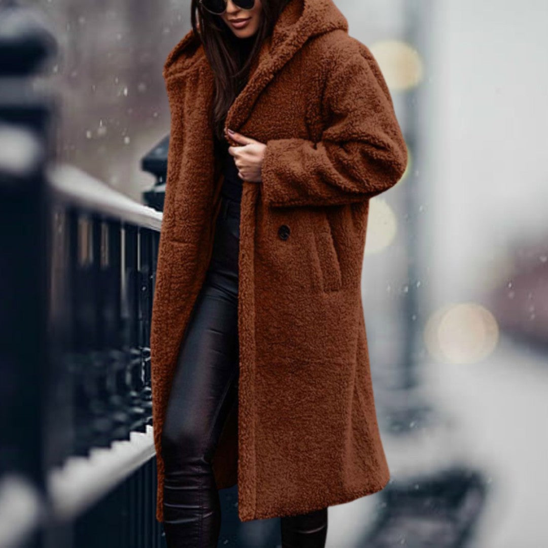 Woman wearing the Delia women's hooded jacket, flatlay view