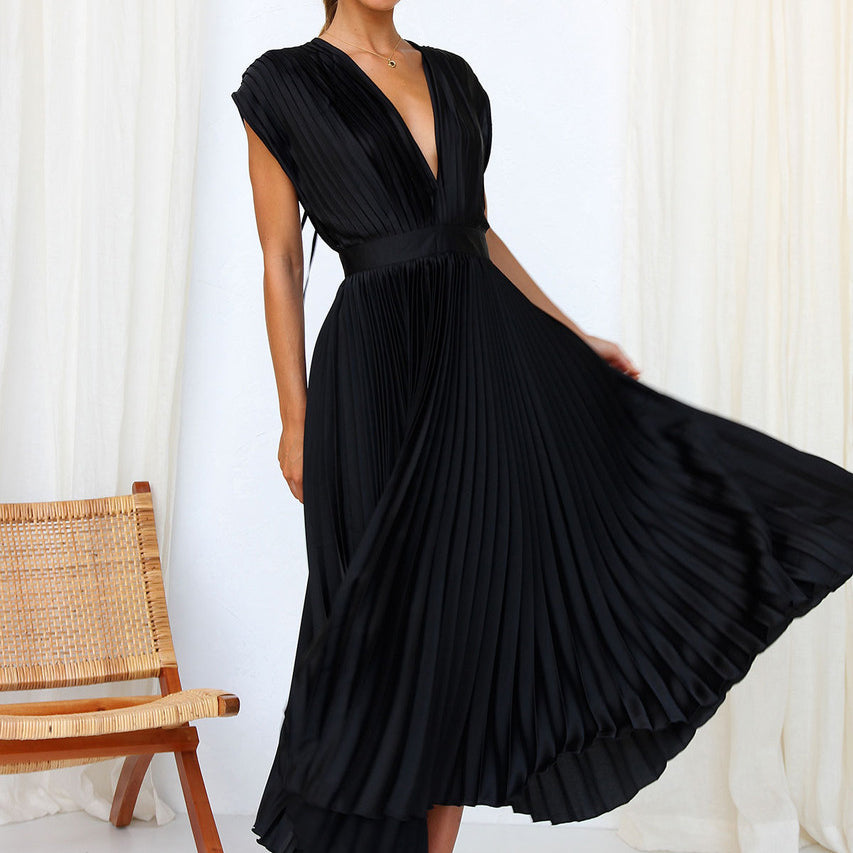 Elena | Women's Pleated V-Neck Flowing Midi Dress