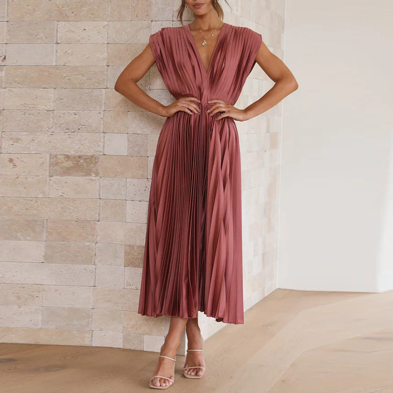 Elena | Women's Pleated V-Neck Flowing Midi Dress