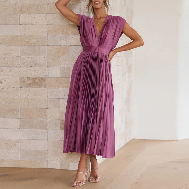 Elena | Women's Pleated V-Neck Flowing Midi Dress