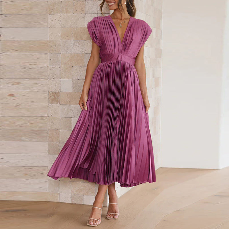 Elena | Women's Pleated V-Neck Flowing Midi Dress