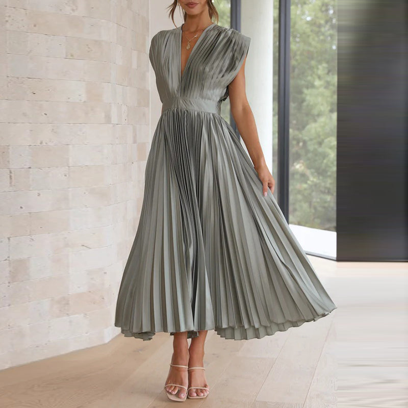 Elena | Women's Pleated V-Neck Flowing Midi Dress