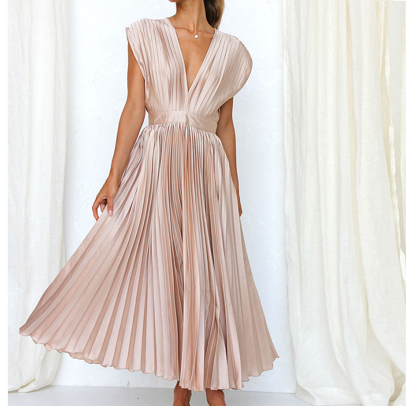 Elena | Women's Pleated V-Neck Flowing Midi Dress